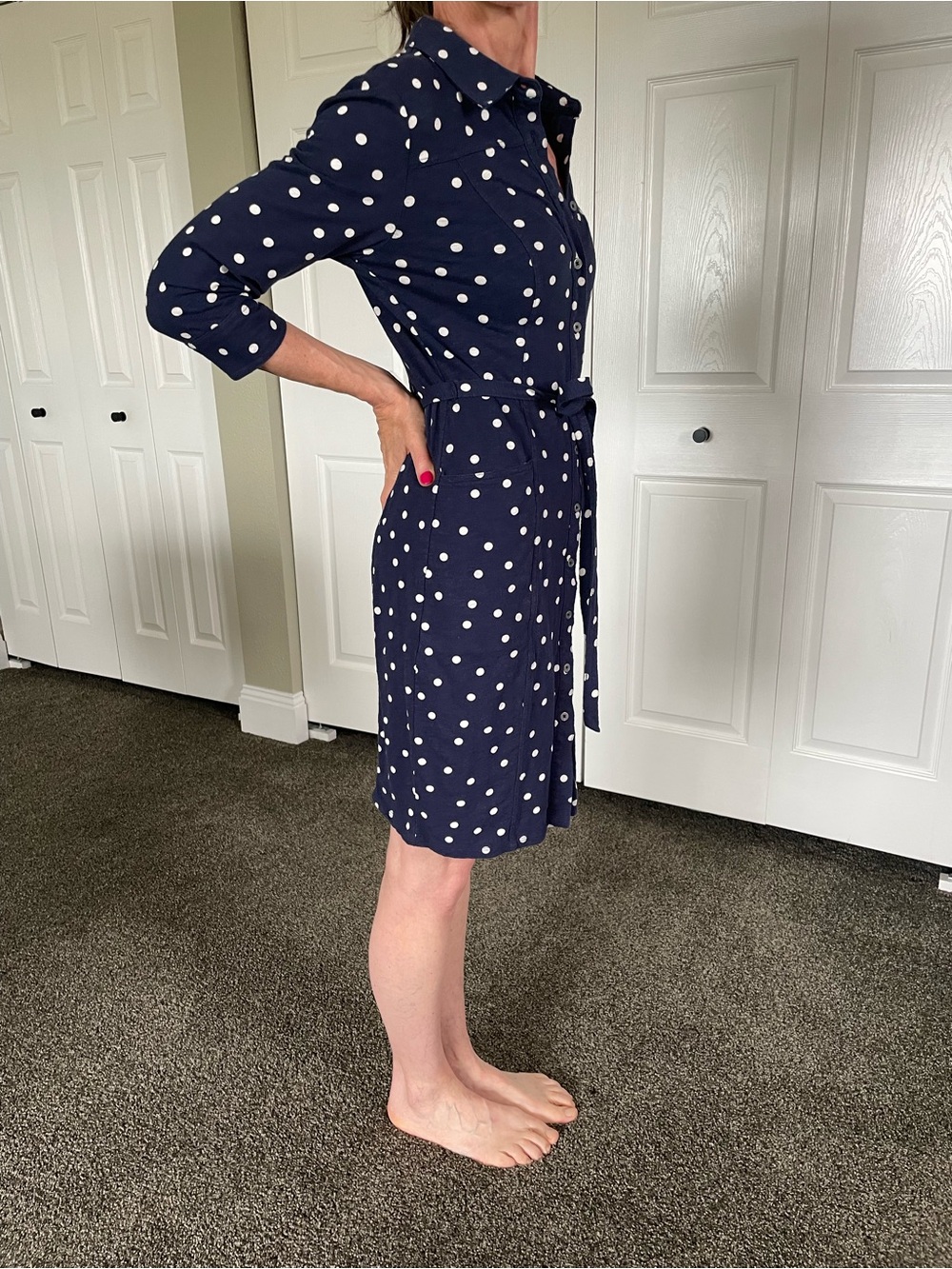 Navy Polka Dot Shirt Dress with Tie Waist